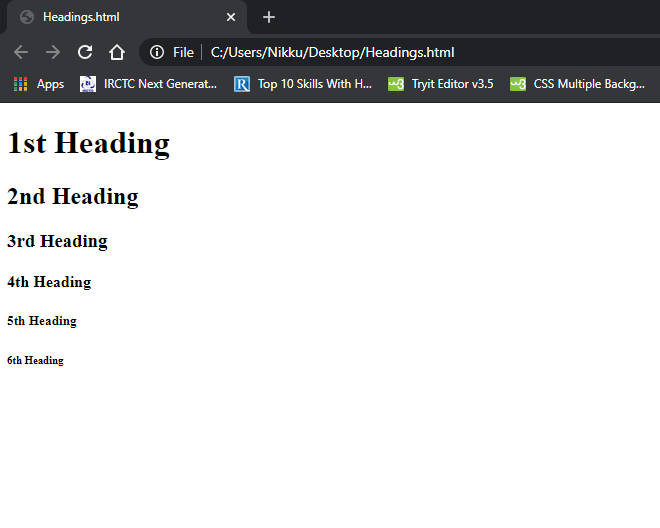 Screenshot of different size of headings